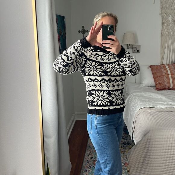 Ann Taylor Sweater Womens Small Black White Fair Isle Mock Neck - Picture 4 of 7